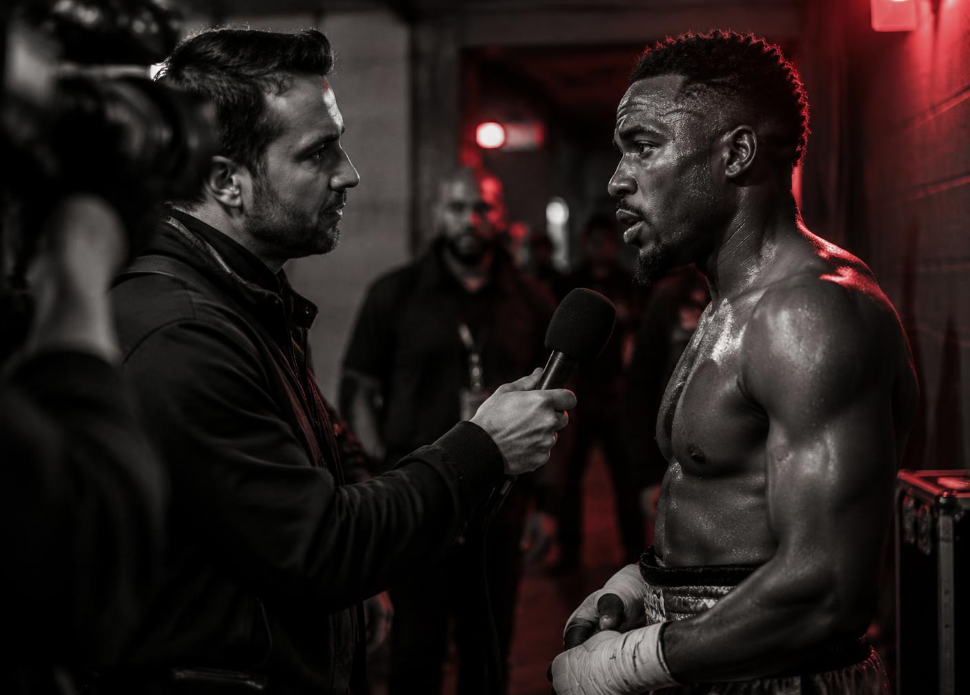 iFL TV interviewer with a microphone speaking to a boxer backstage