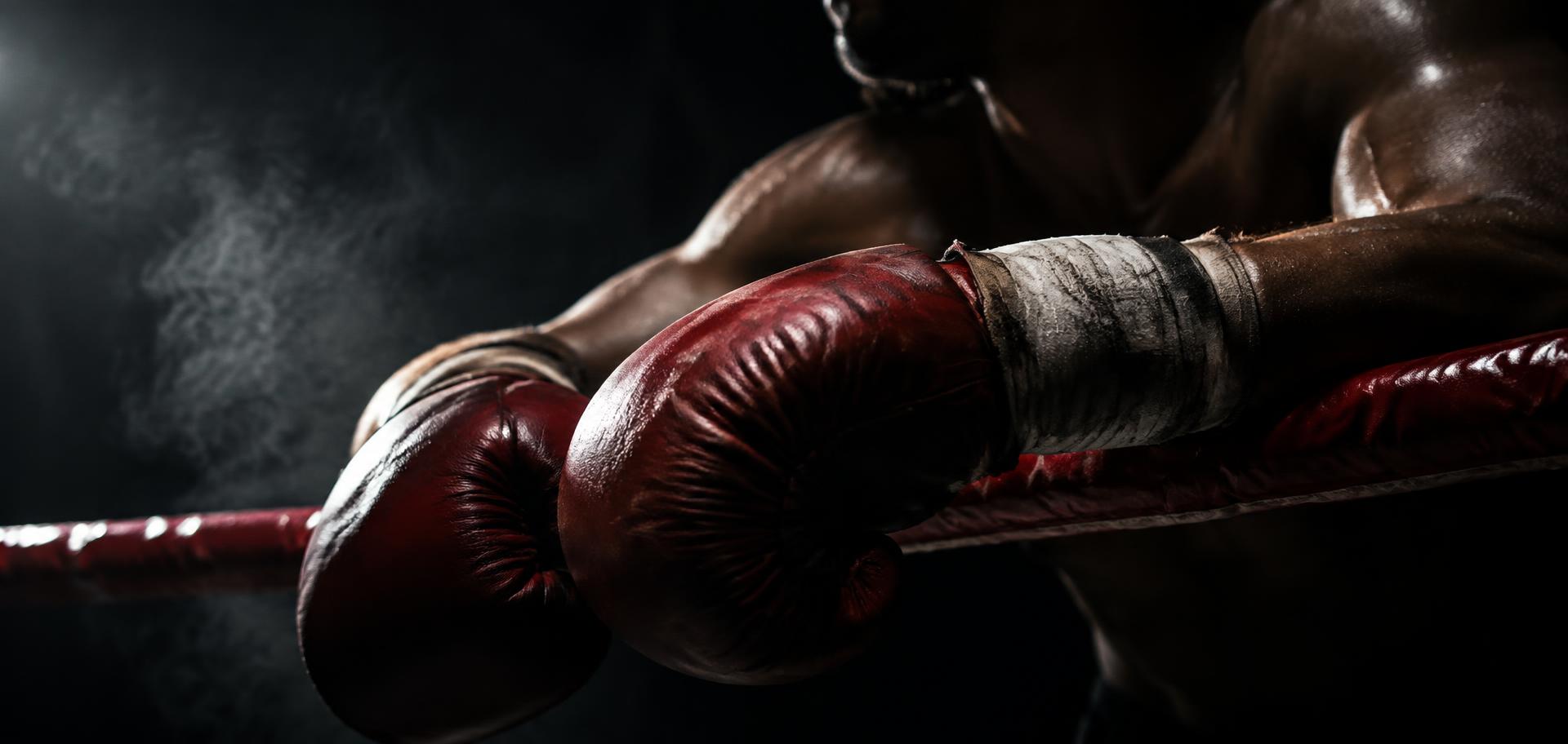 Boxing gloves resting on the ring ropes in low light